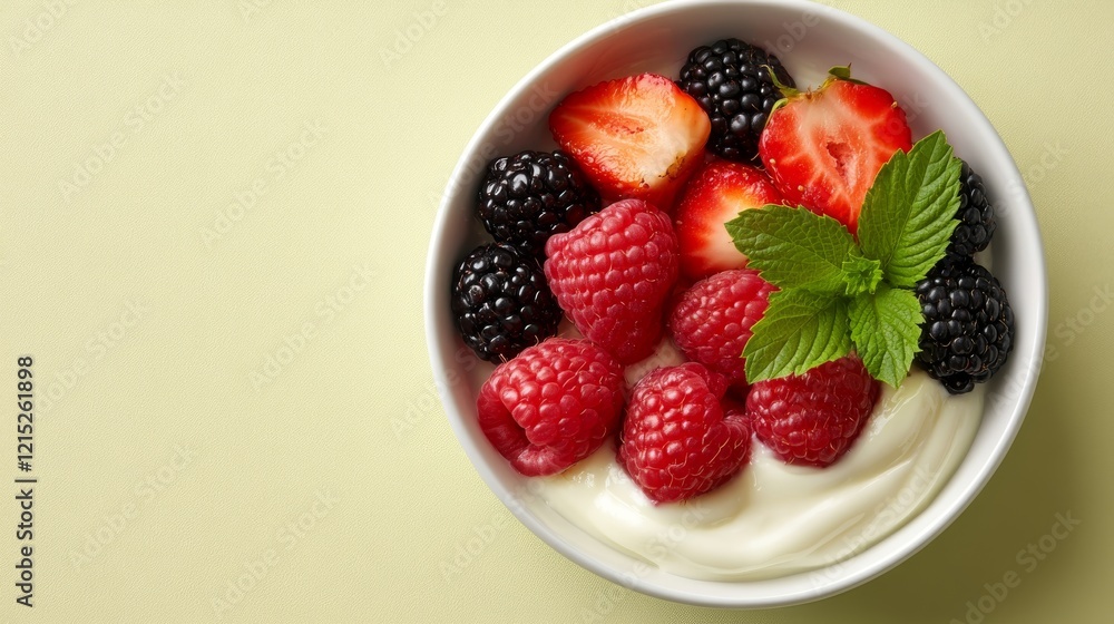 Top view of a minimalistic Suhoor plate featuring yogurt topped with fresh raspberries, strawberries, blackberries, and a mint leaf Top view of a minimalistic Suhoor plate featuring yogurt topped with fresh raspberries, strawberries, blackberries, and a mint leaf