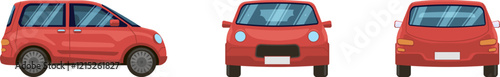 Generic red compact car presented in three different views, front, side and rear, useful for various projects related to transportation and automotive industry