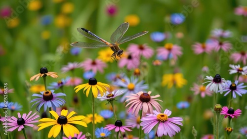 Elegant dragonfly soaring above a colorful meadow filled with wildflowers including black-eyed susans and cosmos in shades of blue and pink, dragonfly, meadow photo