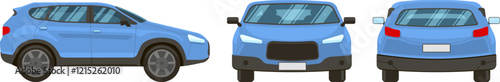 Featuring three vector illustrations of a light blue generic SUV, presenting front, rear, and side views, all isolated against a clean white background for clarity and focus