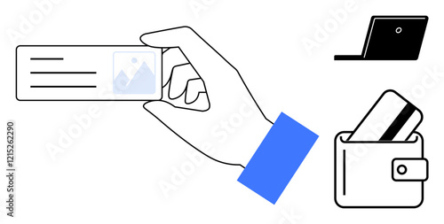 Hand holding ID card, laptop, and wallet with cards. Ideal for business identification, personal identification, technology, security, online transactions e-commerce professional settings. Line