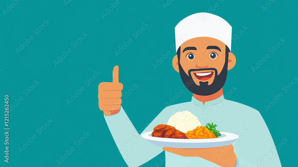 Happy Muslim Man Holding Delicious Food Plate Thumbs Up Rice Meat Beans Happy Muslim Man Holding Delicious Food Plate Thumbs Up Rice Meat Beans