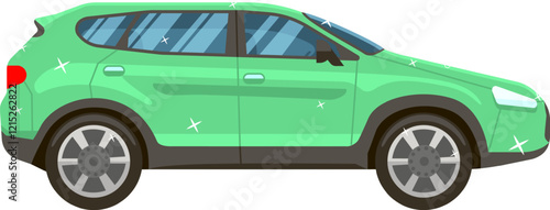 Sparkling clean green crossover car parked after professional auto detailing and washing, representing car cleaning services, maintenance and vehicle care