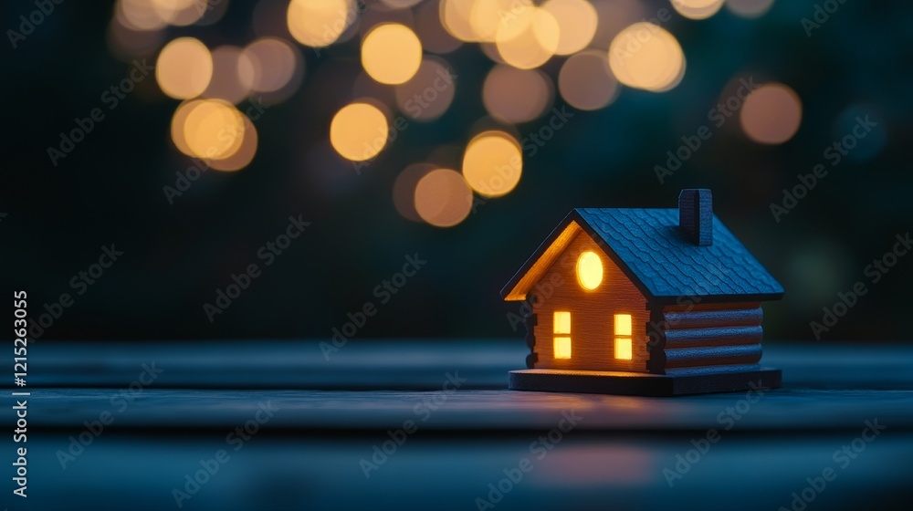 Illuminated Wooden House Model on Table - A miniature wooden house model glows warmly on a dark table, symbolizing home, comfort, dreams, warmth, and security. The bokeh lights in the background add Illuminated Wooden House Model on Table - A miniature wooden house model glows warmly on a dark table, symbolizing home, comfort, dreams, warmth, and security. The bokeh lights in the background add
