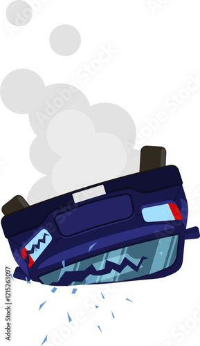 Broken car flipped upside down after a road accident, smoke is coming out from under the hood, the rear window is broken and glass shards are scattered on the ground