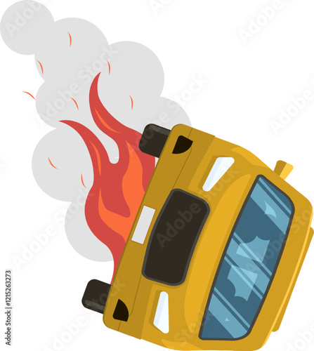 Yellow bus on fire emitting smoke after dangerous road accident, representing consequences of reckless driving and importance of road safety