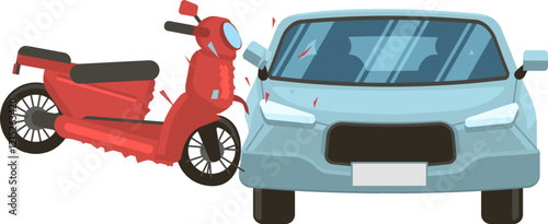 Road accident involving a red scooter crashing into the side of a light blue car, causing damage to both vehicles, depicted in a front view