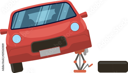 Red car lifted by a scissor jack, with a spare tire positioned nearby, highlighting the importance of vehicle maintenance and roadside assistance for drivers