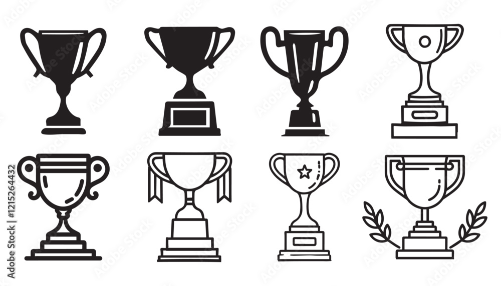 Set of trophy cup icon silhouette isolated on a white background, vector illustration, symbol style, Eps 10.
Set of trophy cup icon silhouette isolated on a white background, vector illustration, symbol style, Eps 10.