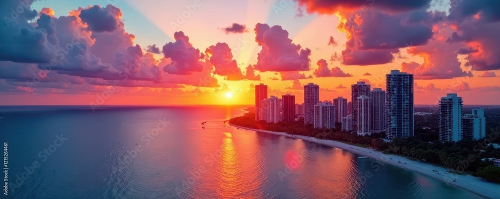 Obraz premium Vibrant sunset over Miami skyline with Biscayne Bay, bay, daily cityscape, miami skyline