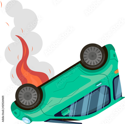 Damaged green car lying upside down and engulfed in flames, releasing thick smoke, illustrating the devastating aftermath of a serious road accident