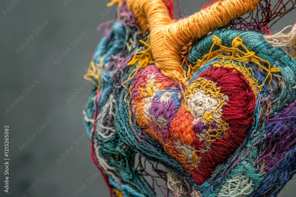 Naklejka premium Colorful threads form heart shape on dark background.
