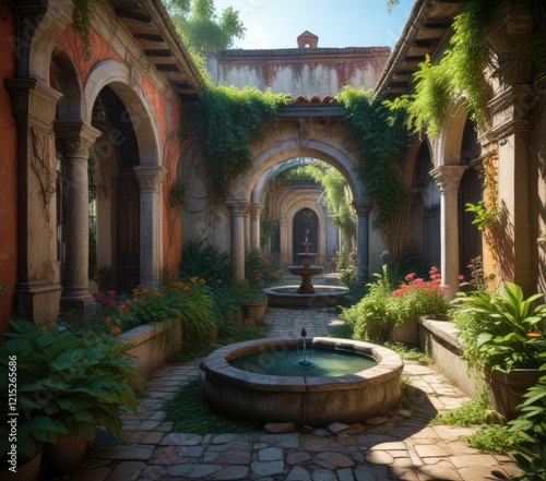 Forgotten and overgrown courtyards with old fountains, reclaimed, nature photo