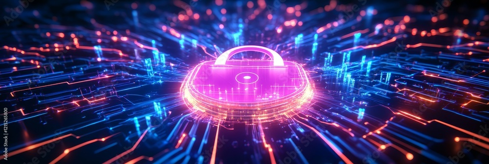 Fototapeta premium Digital Padlock Cyber Security - A digital padlock symbol surrounded by glowing circuit lines, symbolizing data protection, online security, network safety, digital privacy, and technological safeguar