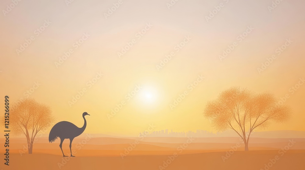 Fototapeta premium Sunrise Over the Plains - Silhouette of an emu at sunrise, with two trees and a distant cityscape on the horizon. Peaceful and serene landscape.
