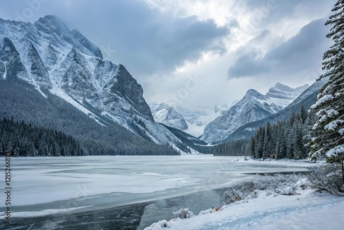 Wallpaper Mural Frosty landscape with snow-covered mountains and frozen lake, frosty morning, alpine scenery, wintry wonderland, cold weather, frozen water Torontodigital.ca