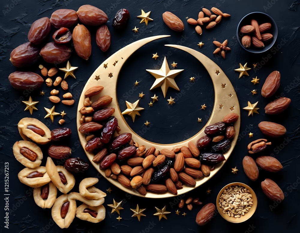 Golden Crescent of Dates, Almonds, and Stars: A Festive Ramadan Still Life Golden Crescent of Dates, Almonds, and Stars: A Festive Ramadan Still Life