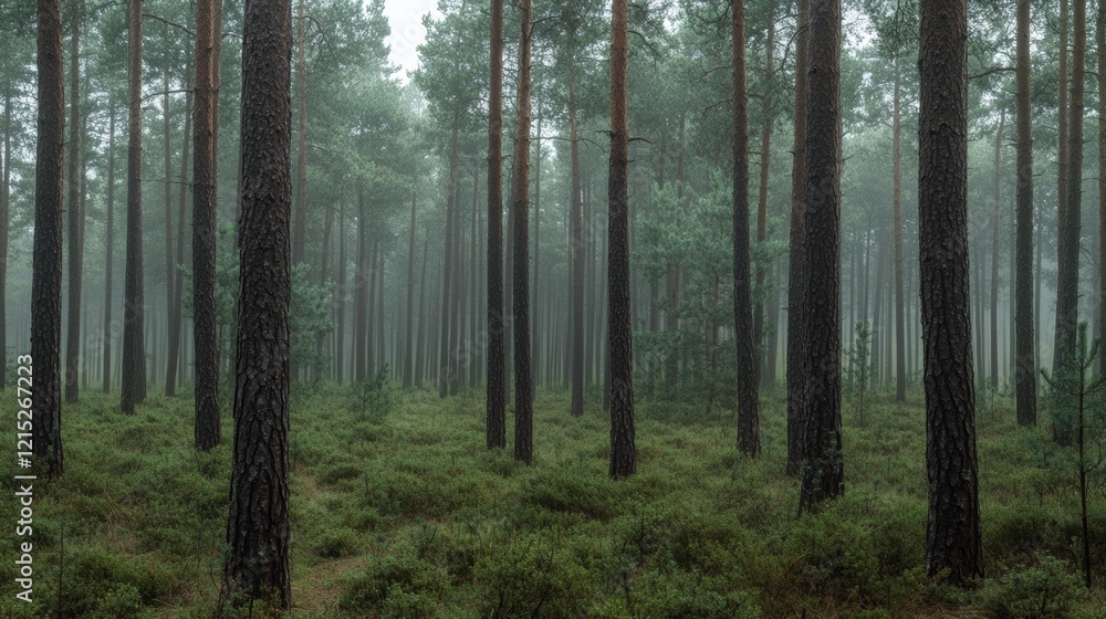 Obraz premium A densely packed forest where tall pine trees rise through a blanket of mist, their sturdy trunks creating a sense of order amidst the untamed wilderness.