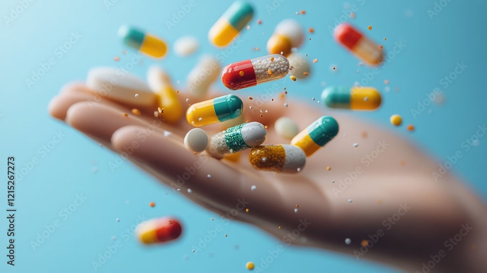 Colorful capsules and tablets fall from a curved hand against a pastel blue background Colorful capsules and tablets fall from a curved hand against a pastel blue background