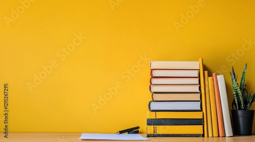 A stack of neatly arranged books on a desk against a yellow background with a pen and plant