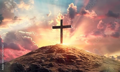 Symbolic cross for jesus resurrection, with sky over golgotha hill glowing in light and clouds.