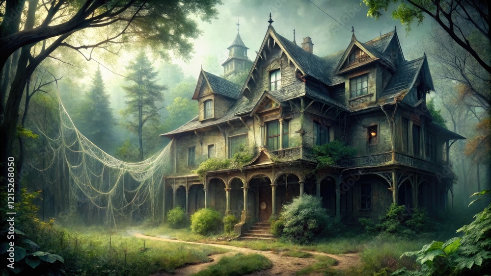 Cobweb covered old mansion with creepy trees and overgrown garden, dark and stormy night, halloween house, spooky mansion Cobweb covered old mansion with creepy trees and overgrown garden, dark and stormy night, halloween house, spooky mansion