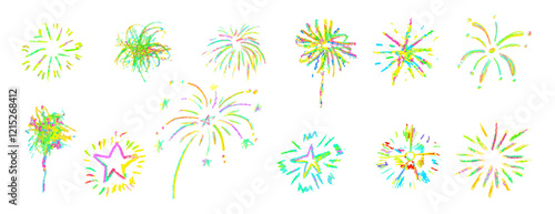 Fireworks cute pencil lines doodle elements for birthday, anniversary. Set of colorful rainbow sketches in style of lightning, explosion, sun rays, firecrackers, sparkles, motion effects. Vector.