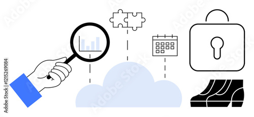 Hand holds magnifying glass over a cloud connected to bar graph, puzzle piece, calendar, lock, and graph. Ideal for data analysis, cloud computing, security, scheduling problem-solving teamwork