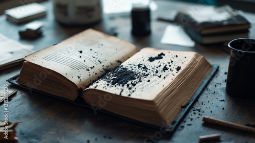 An open book on a rustic table with scattered ashes, capturing a mysterious, dramatic moment in a quiet interior. photo