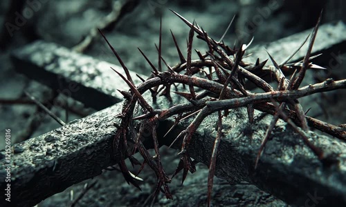 Symbolic elements like thorns and nails represent Jesus sacrifice suffering resurrection on the cross and Easter