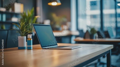Wallpaper Mural Modern Workspace: Laptop, Plants, and Essentials on a Wooden Desk Torontodigital.ca