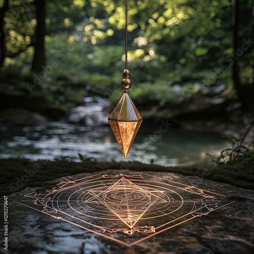 An artistic and spiritual representation of a pendulum suspended above a detailed dowsing chart, gently glowing with mystical energy photo