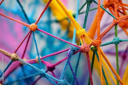 Colorful strings tied in a geometric pattern.
