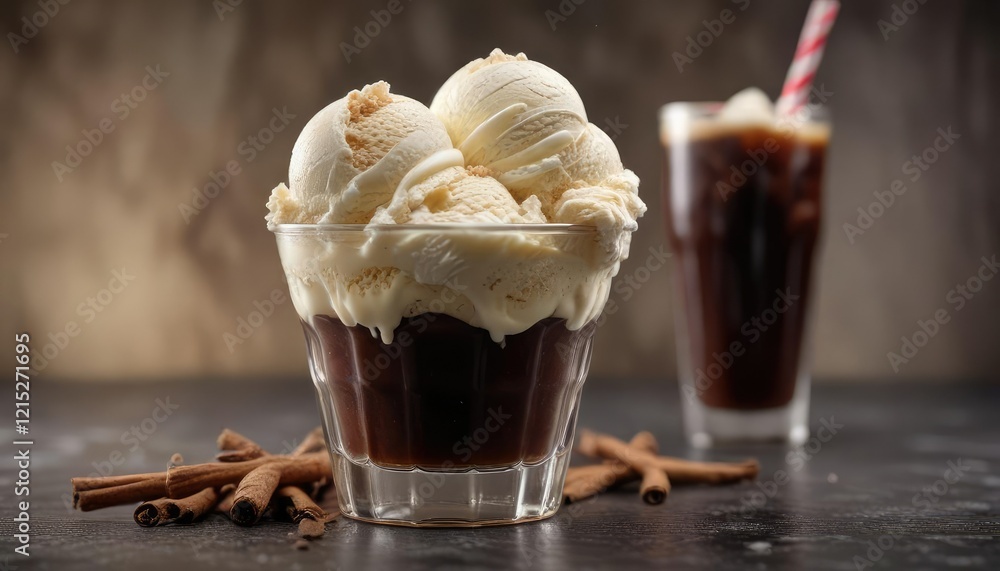 Creamy vanilla ice cream atop a glass of cold root beer , cold drink, frozen drink Creamy vanilla ice cream atop a glass of cold root beer , cold drink, frozen drink