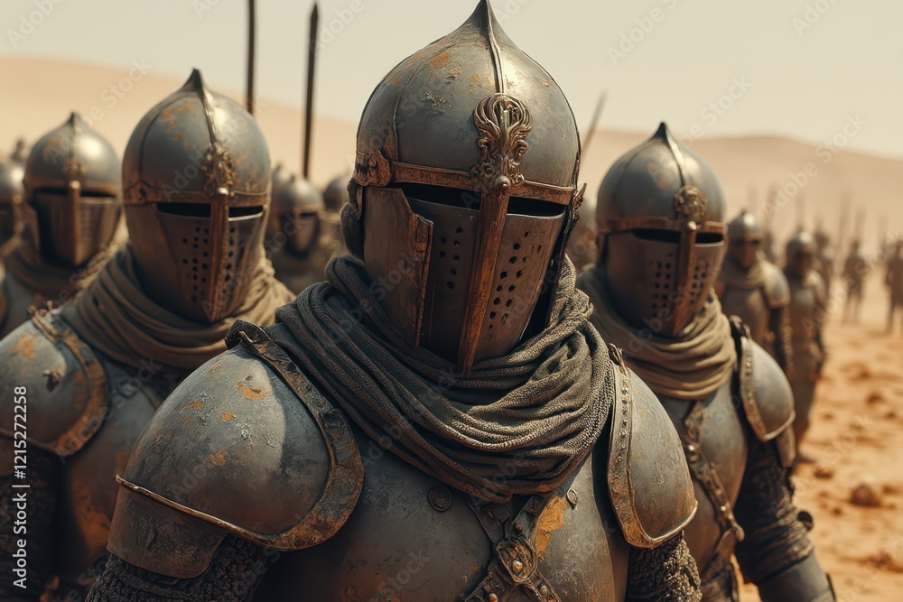 a group of men in armor standing in the desert a group of men in armor standing in the desert