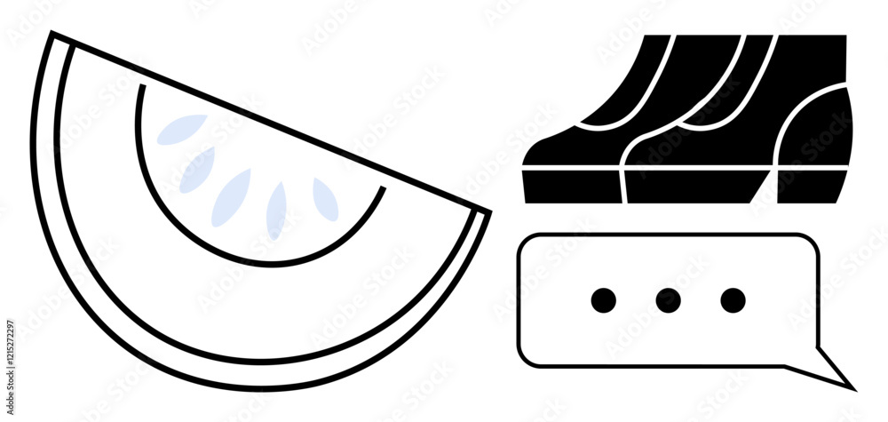 Watermelon slice with seeds, sneaker sole, and chat bubble with three dots in minimalist style. Ideal for communication, health, sport, conversation, simplicity modern design concepts. Abstract line Watermelon slice with seeds, sneaker sole, and chat bubble with three dots in minimalist style. Ideal for communication, health, sport, conversation, simplicity modern design concepts. Abstract line