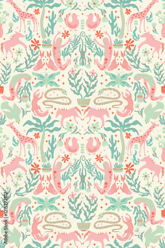 Matisse funky seamless pattern with organic shapes and a bohemian style, with women, trees, snakes, giraffes, birds, animals in pinks and greens soft pastels, for easter, spring decor, wrapping paper