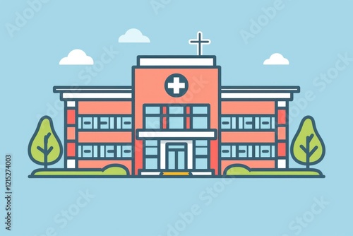 A digital illustration of a two-story medical building with a cross on top, representing healthcare services.