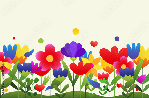 Multicoloured spring flowers and hearts in vector.