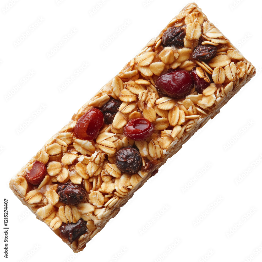 Granola bar with pieces of dried berries and fruits, isolated on a transparent background Granola bar with pieces of dried berries and fruits, isolated on a transparent background