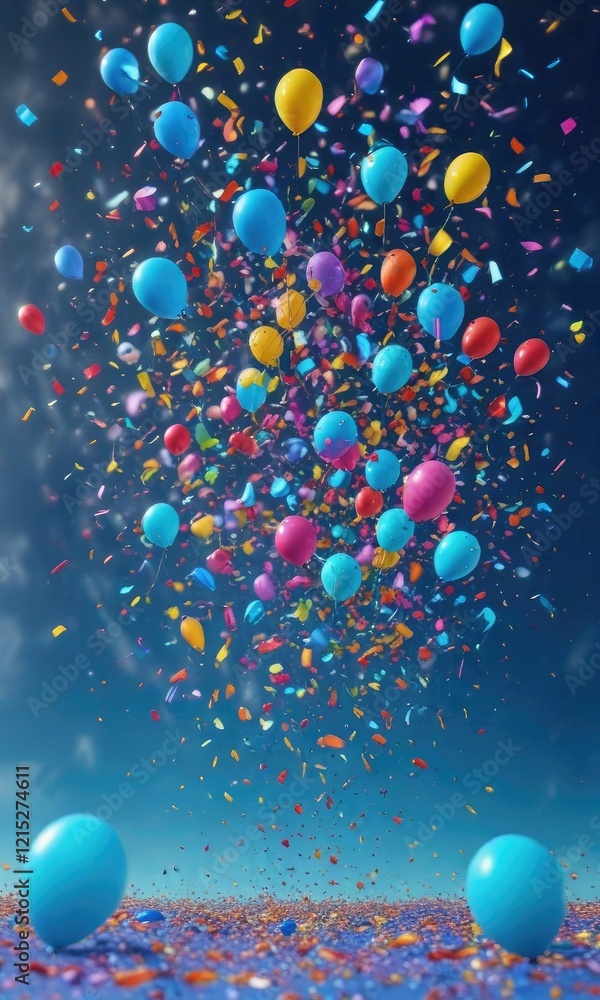 Colorful confetti falling from the sky against a bright blue background with balloons floating gently above it , celebratory scene, festive decor Colorful confetti falling from the sky against a bright blue background with balloons floating gently above it , celebratory scene, festive decor