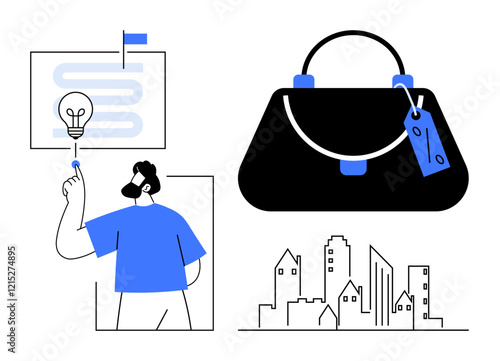 Person pointing to a planning roadmap with a light bulb, black briefcase with tag, and cityscape outline. Ideal for business, career progress, startups, urban development, strategy, innovation goal