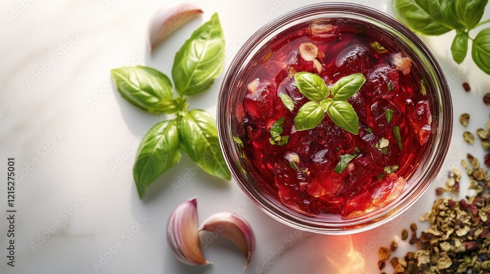 Red pepper jelly, basil, garlic, recipe, kitchen, marble, food photography, sunlight, website, blog Red pepper jelly, basil, garlic, recipe, kitchen, marble, food photography, sunlight, website, blog