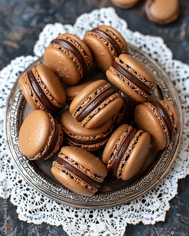 handcrafted chocolate macarons with intricate patterns and lace napkins handcrafted chocolate macarons with intricate patterns and lace napkins
