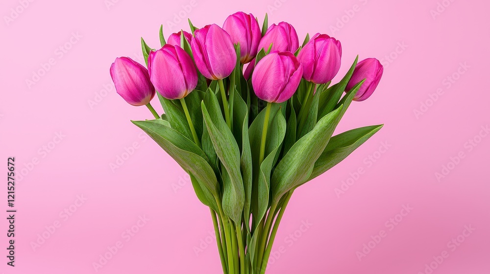 Beautiful bouquet of pink tulips arranged in a decorative vase on a wooden table Beautiful bouquet of pink tulips arranged in a decorative vase on a wooden table