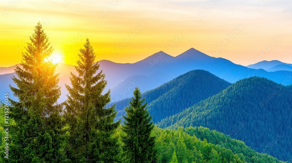 Fototapeta premium Mountain range at sunset with vibrant colors in the sky and silhouetted peaks in the foreground