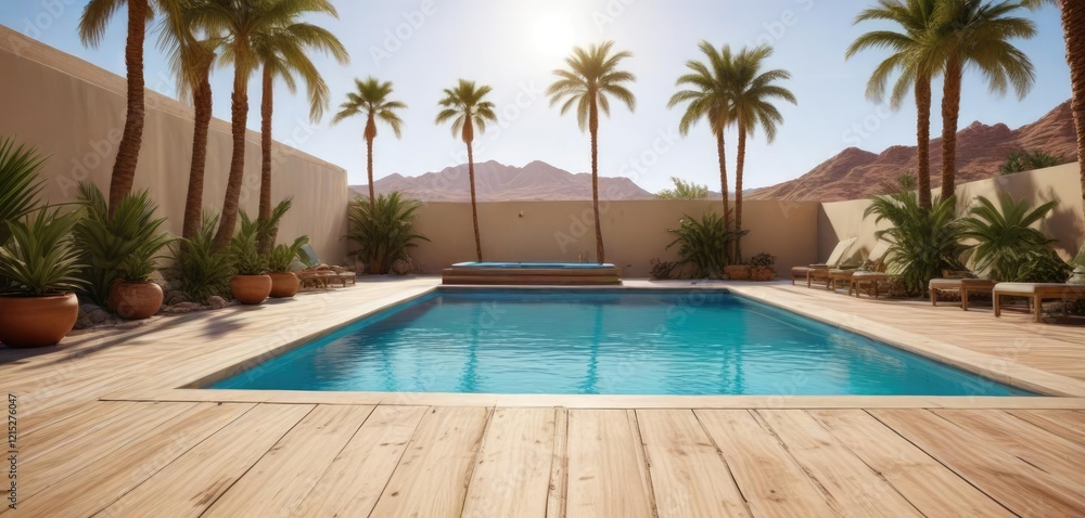 Fototapeta premium Desert pool with a deck and palm trees in the background, desert pools, decks