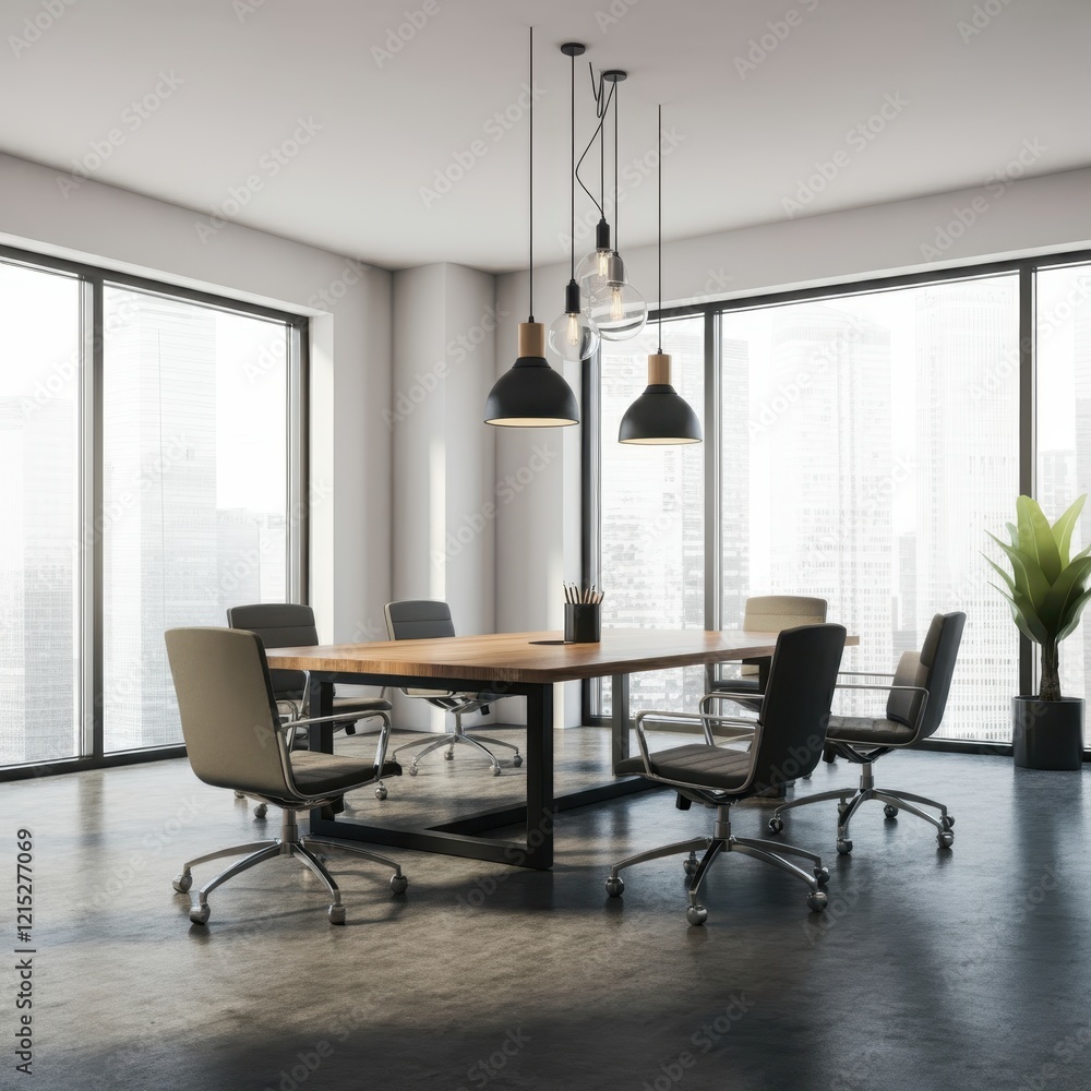 Fototapeta premium Modern industrial office, sleek conference room, large wooden table, ergonomic chairs, hanging black pendant lights, floor-to-ceiling windows, concrete floor, exposed ceiling, minimalist design, urban