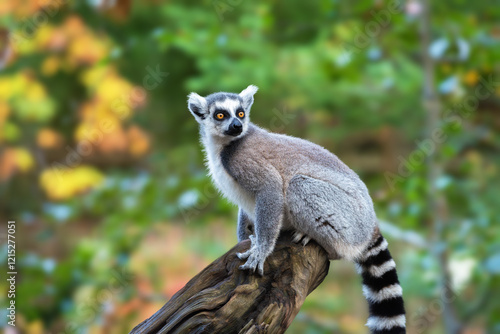 An adult ring-tailed lemur (Lemur catta)  sits on the trunk of a dry tree photo