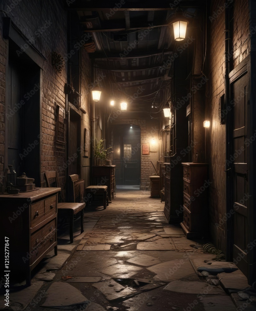Fototapeta premium Dark alleyway with dim lighting and old furniture, light, neglect